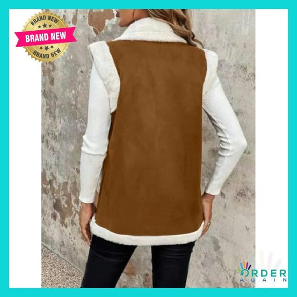 Faux Fur Sherpa Vest Sleeveless Suede Jacket Chic Warm Winter Outerwear - Picture 5 of 6